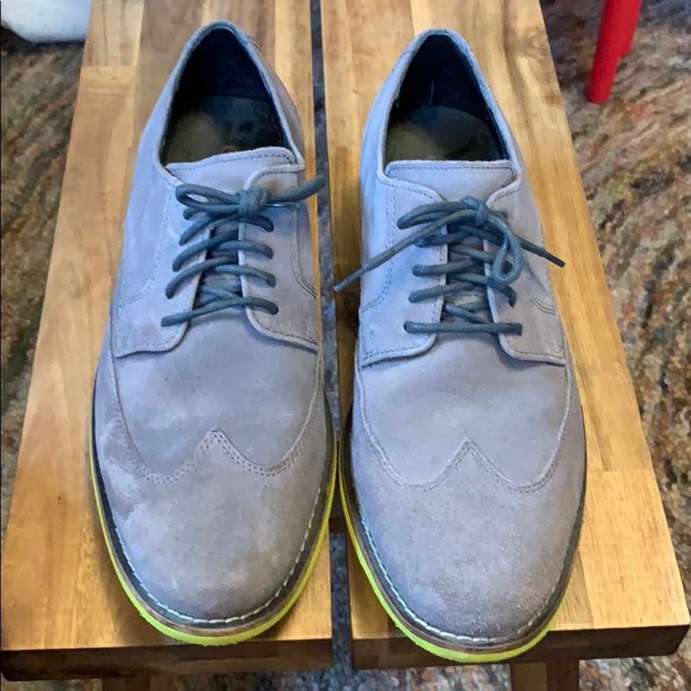 Cole Haan  grey suede shoes w/ bright yellow soles - Picture 2 of 8